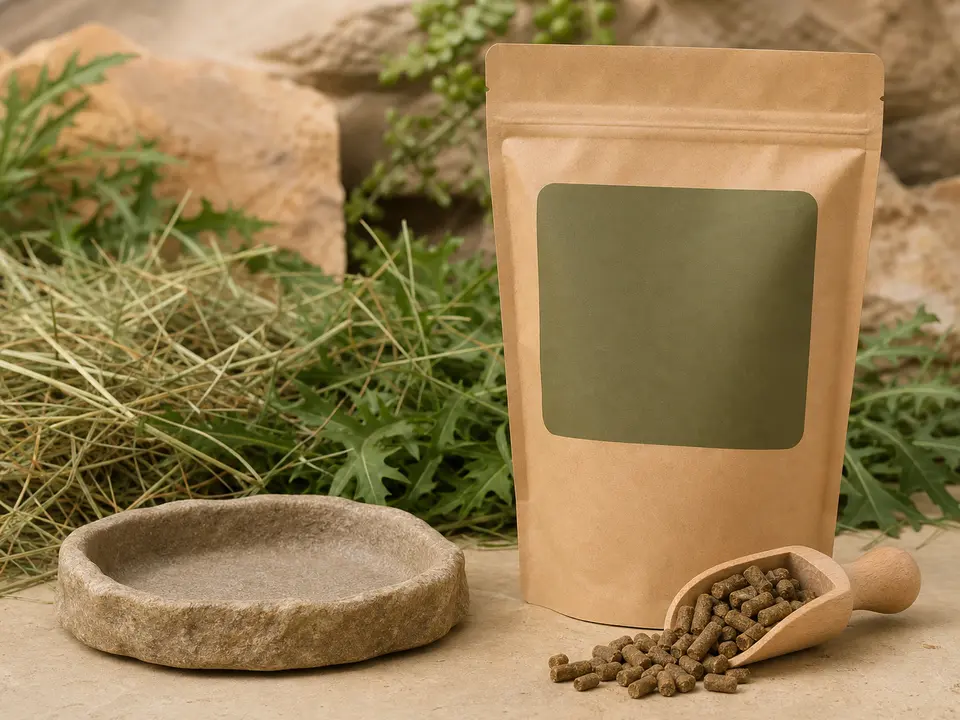 High-fiber tortoise diet pellets measured beside fresh leafy plant foods.