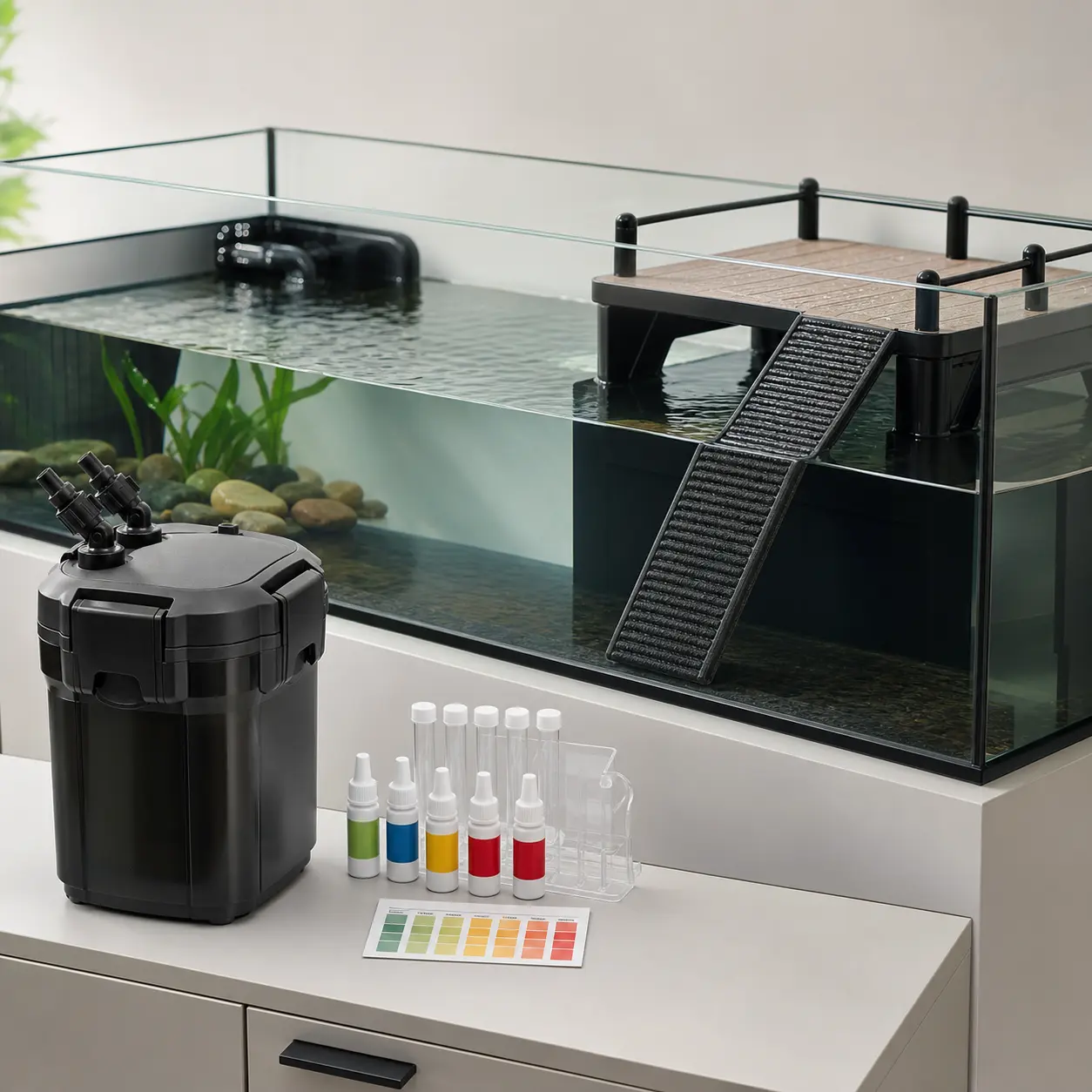 Unbranded external aquarium filter, liquid water test kit, and dry turtle basking platform