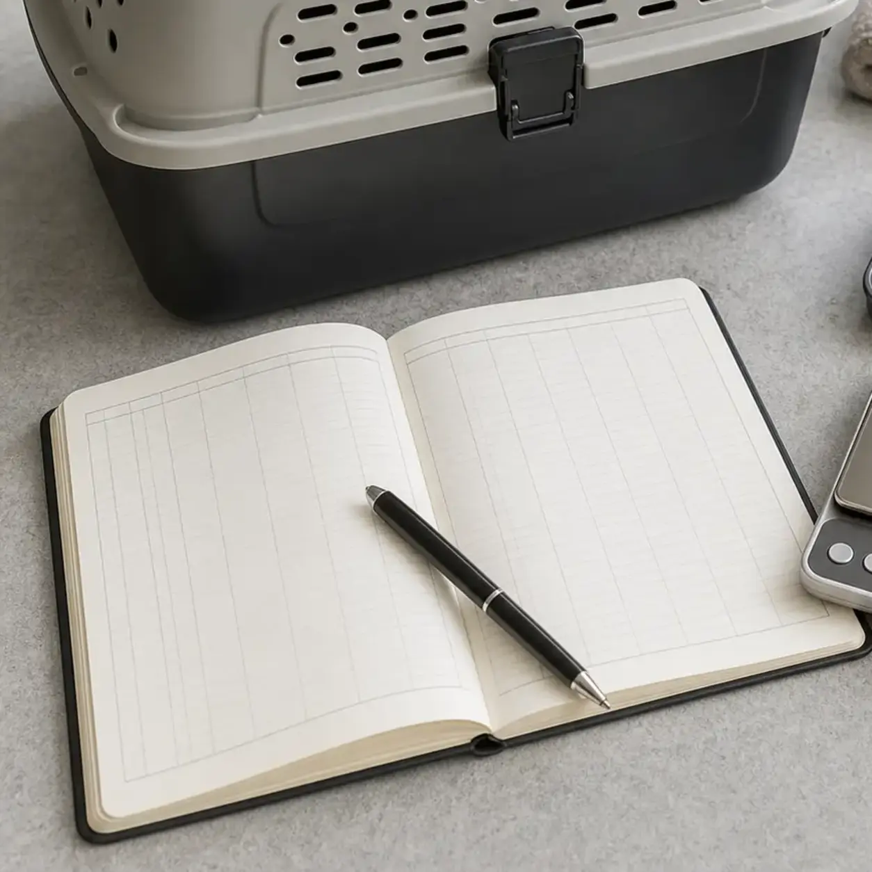 Open unbranded care logbook with a pen for recording reptile observations