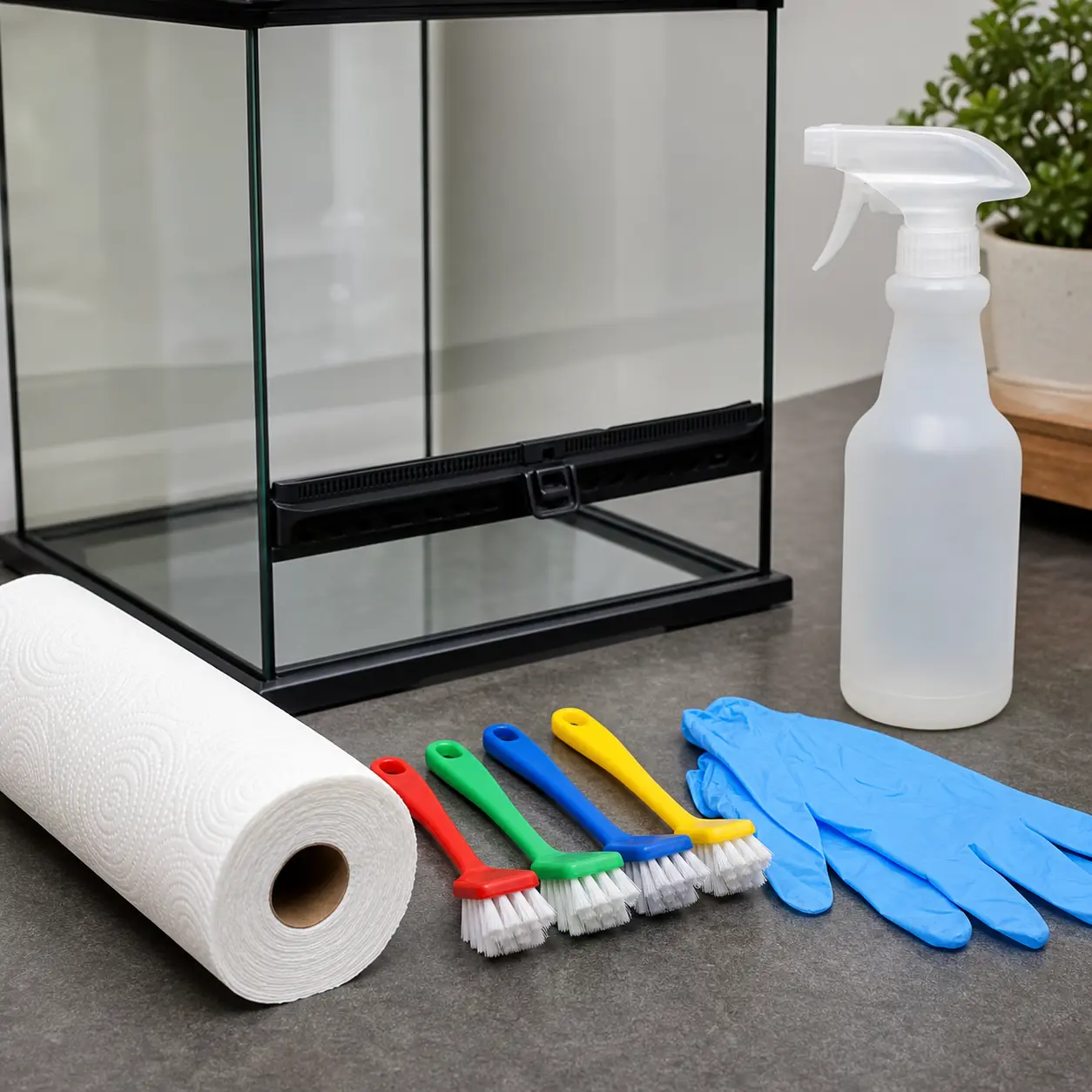 Unbranded enclosure-cleaning brushes, disposable gloves, towel, and spray bottle