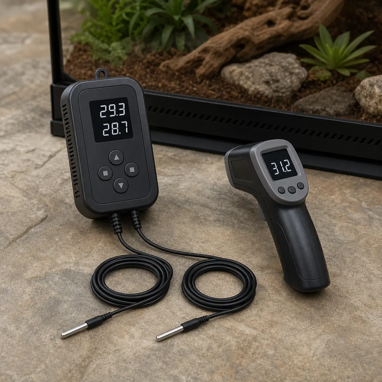 Unbranded reptile thermostat, two temperature probes, and infrared thermometer on a neutral surface