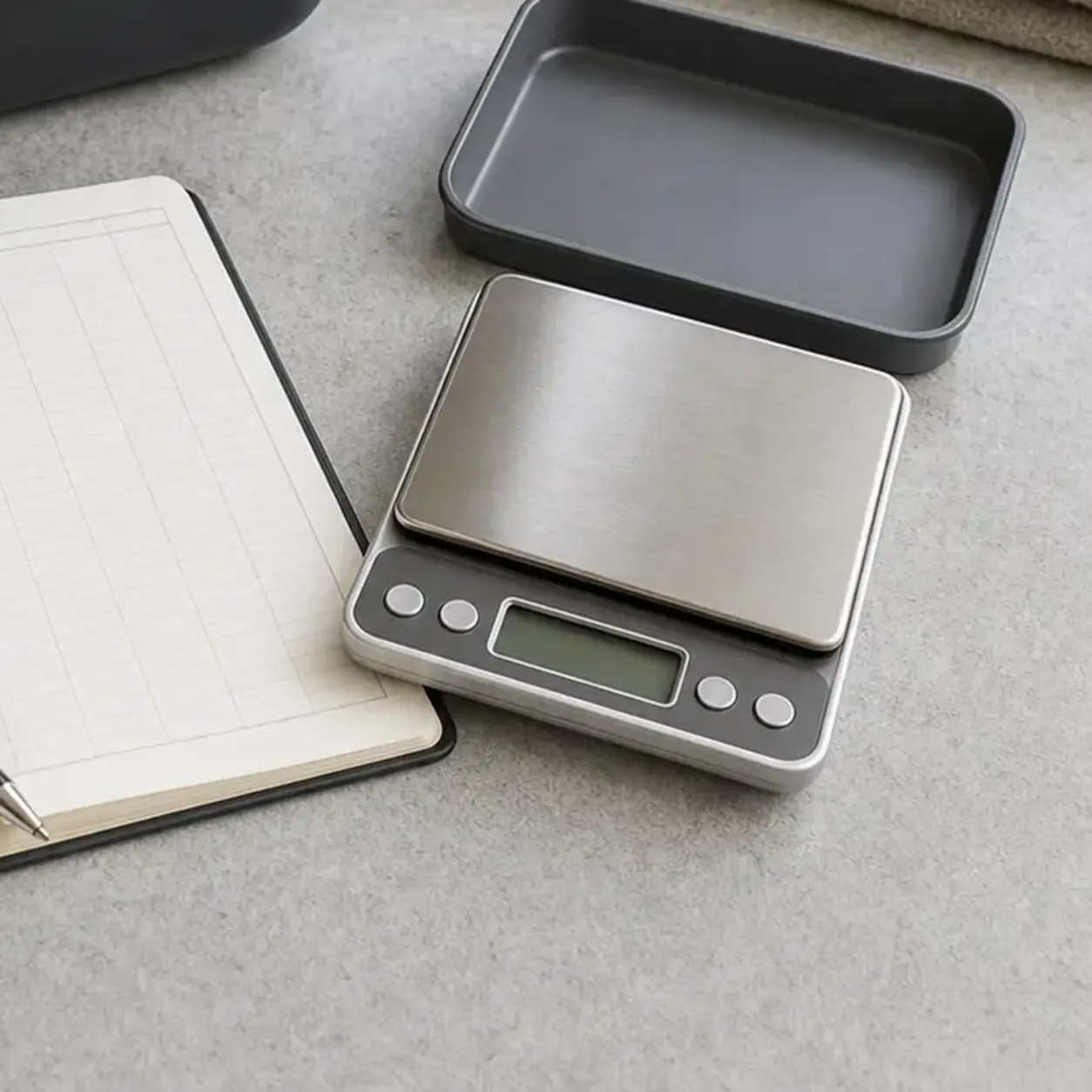 Compact unbranded digital gram scale with a removable weighing tray