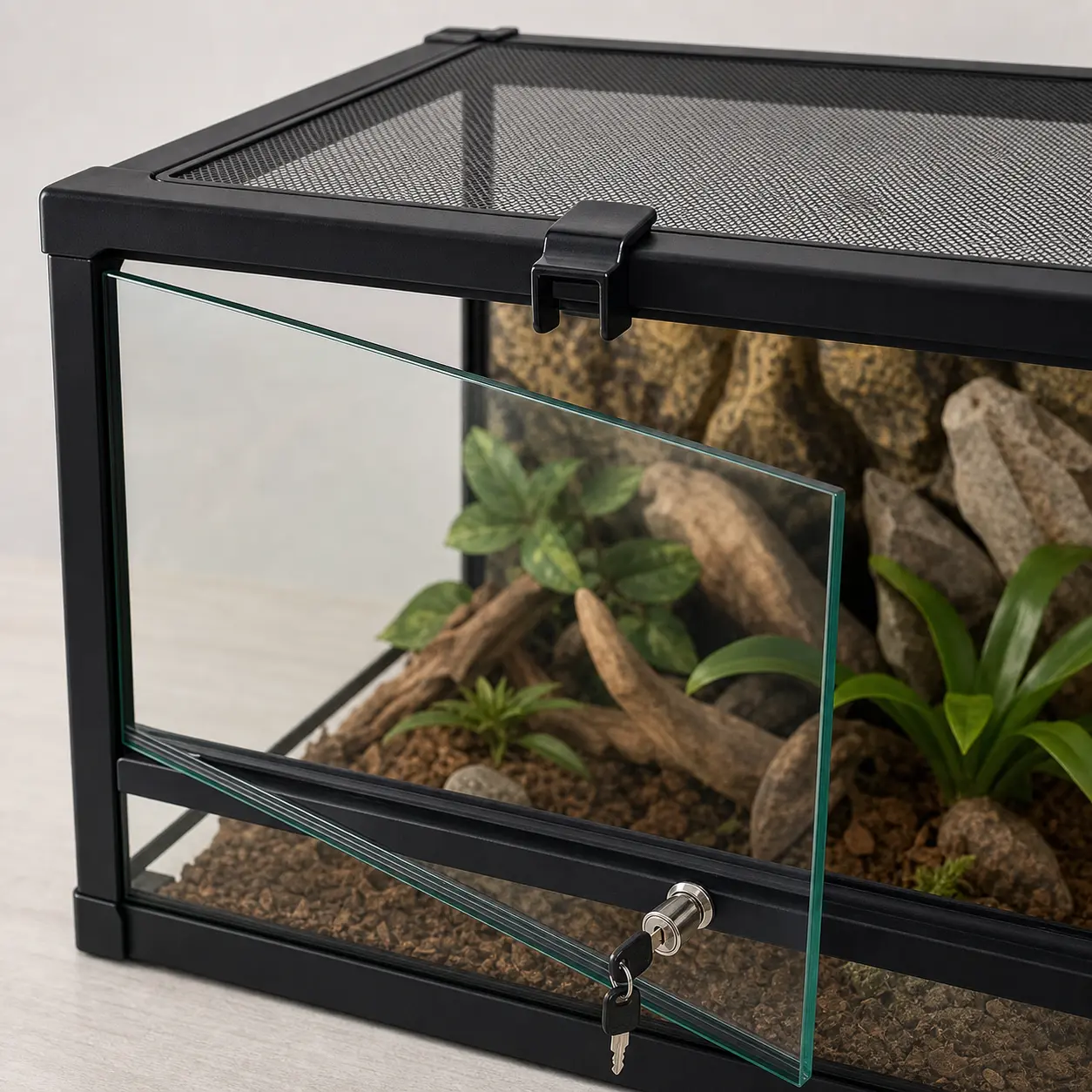 Unbranded front-opening terrarium door with lock and screen-cover clip hardware
