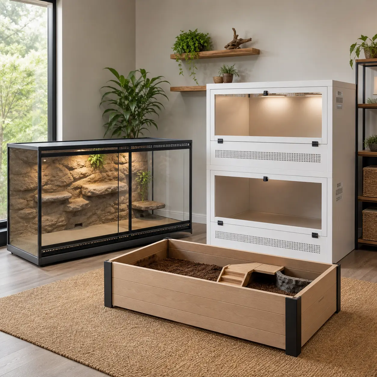 Unbranded glass terrarium, ventilated PVC enclosure, and low-sided tortoise table
