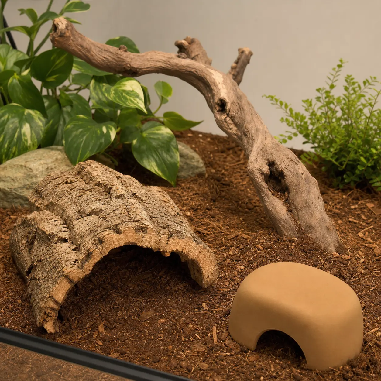 Natural cork hide, enclosed humid hide, and sturdy climbing branch arranged safely