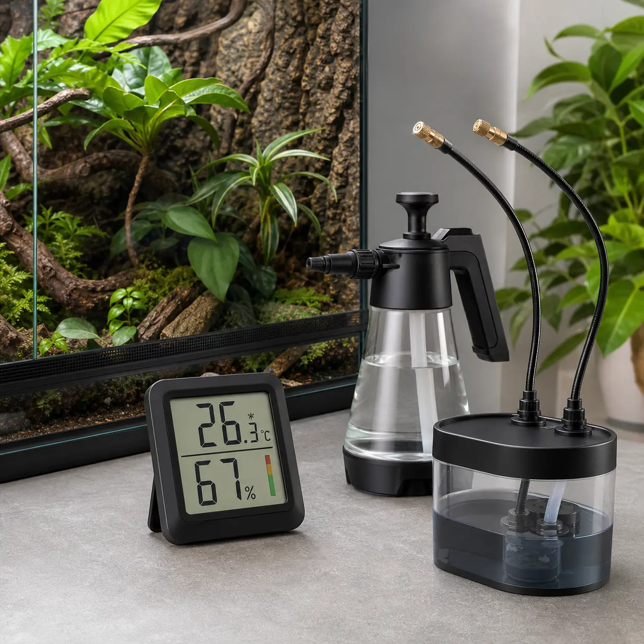 Unbranded digital hygrometer, pressure mister, and automated misting unit