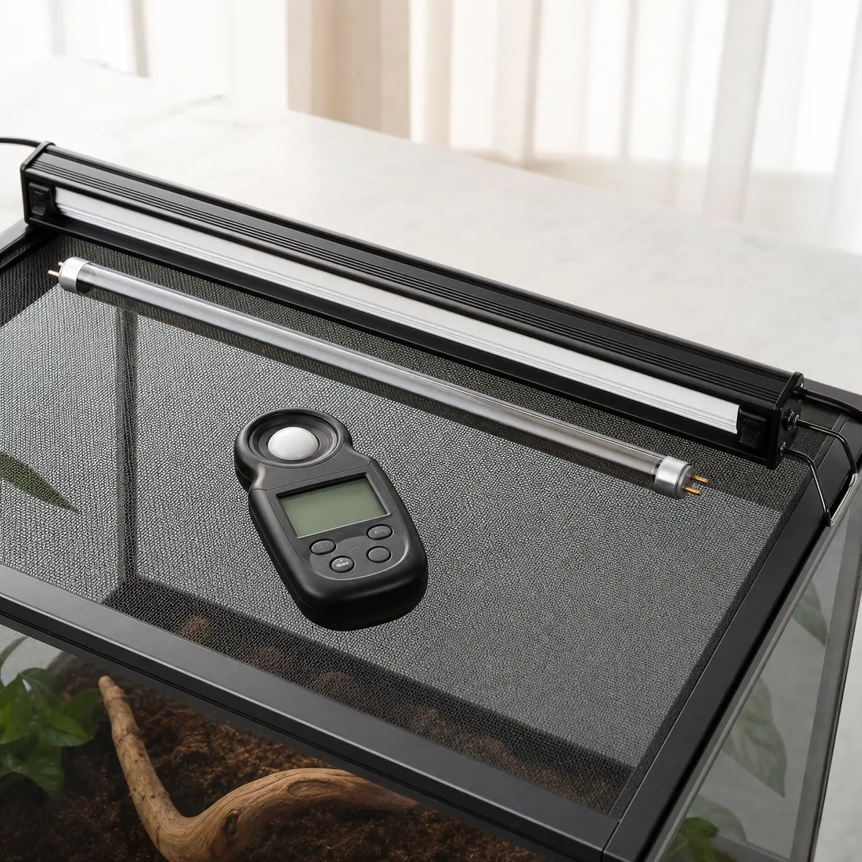 Unbranded linear UVB fixture, fluorescent tube, and handheld UV index meter