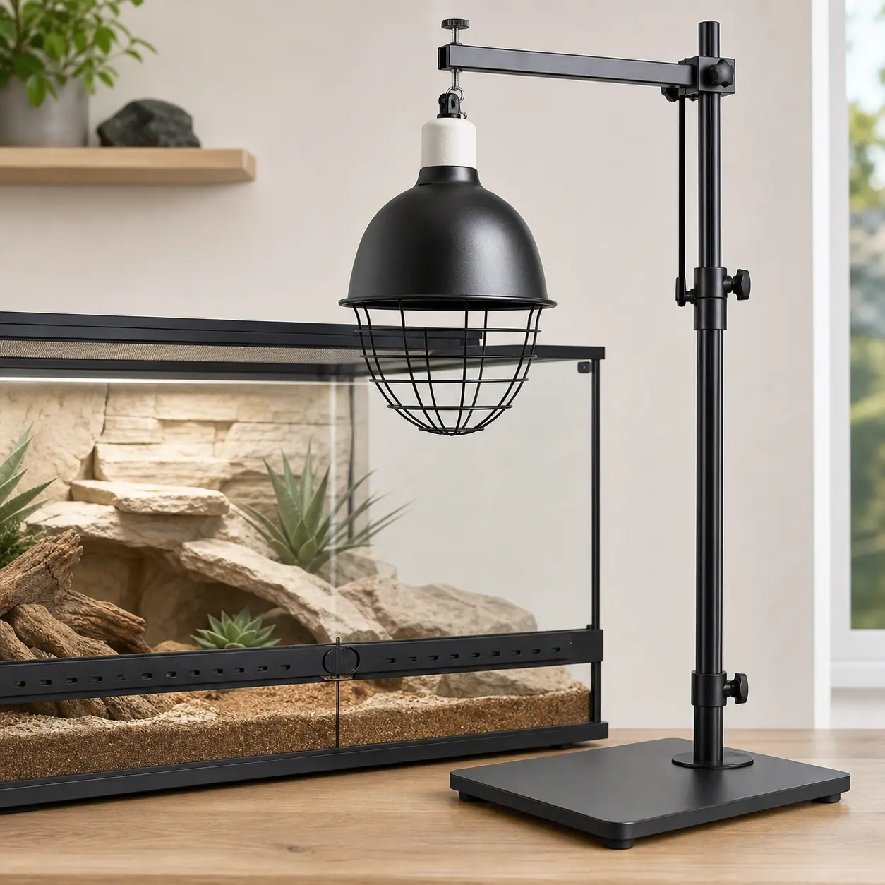 Unbranded ceramic-socket lamp dome, protective wire guard, and adjustable stand