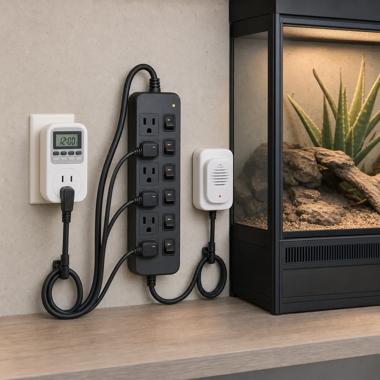 Unbranded digital outlet timer, switched surge protector, and plug-in power-outage alarm