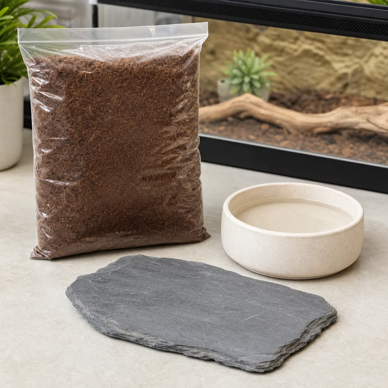 Unbranded natural substrate, heavy ceramic water dish, and flat slate basking tile