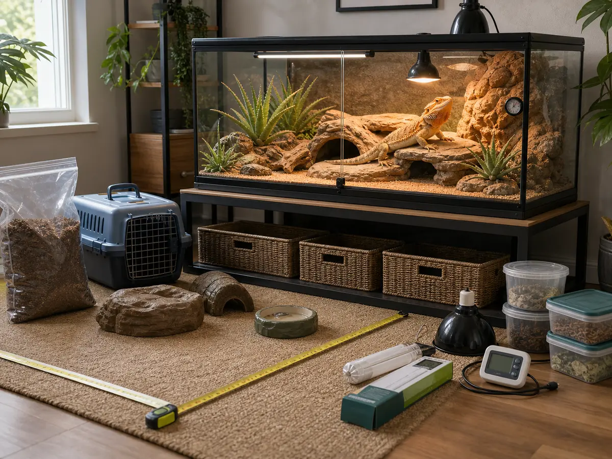 Adult reptile enclosure and long-term supply planning setup with carrier and measuring tools.