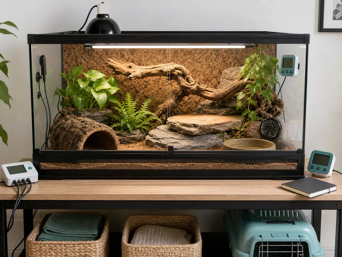 Pre-adoption reptile enclosure test with thermostat, UVB, hygrometer, hides, and measuring tools.