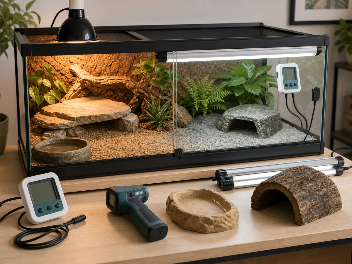 Reptile heating and lighting planning setup with basking lamp, UVB fixture, thermostat, and probes.