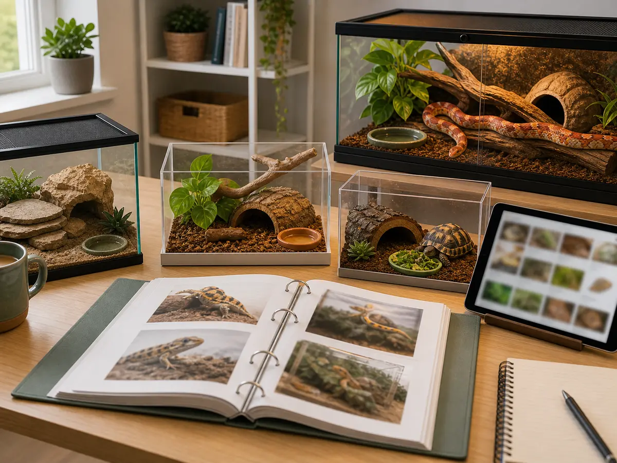 Reptile species guide research workspace with separate habitat references and a secure snake enclosure.