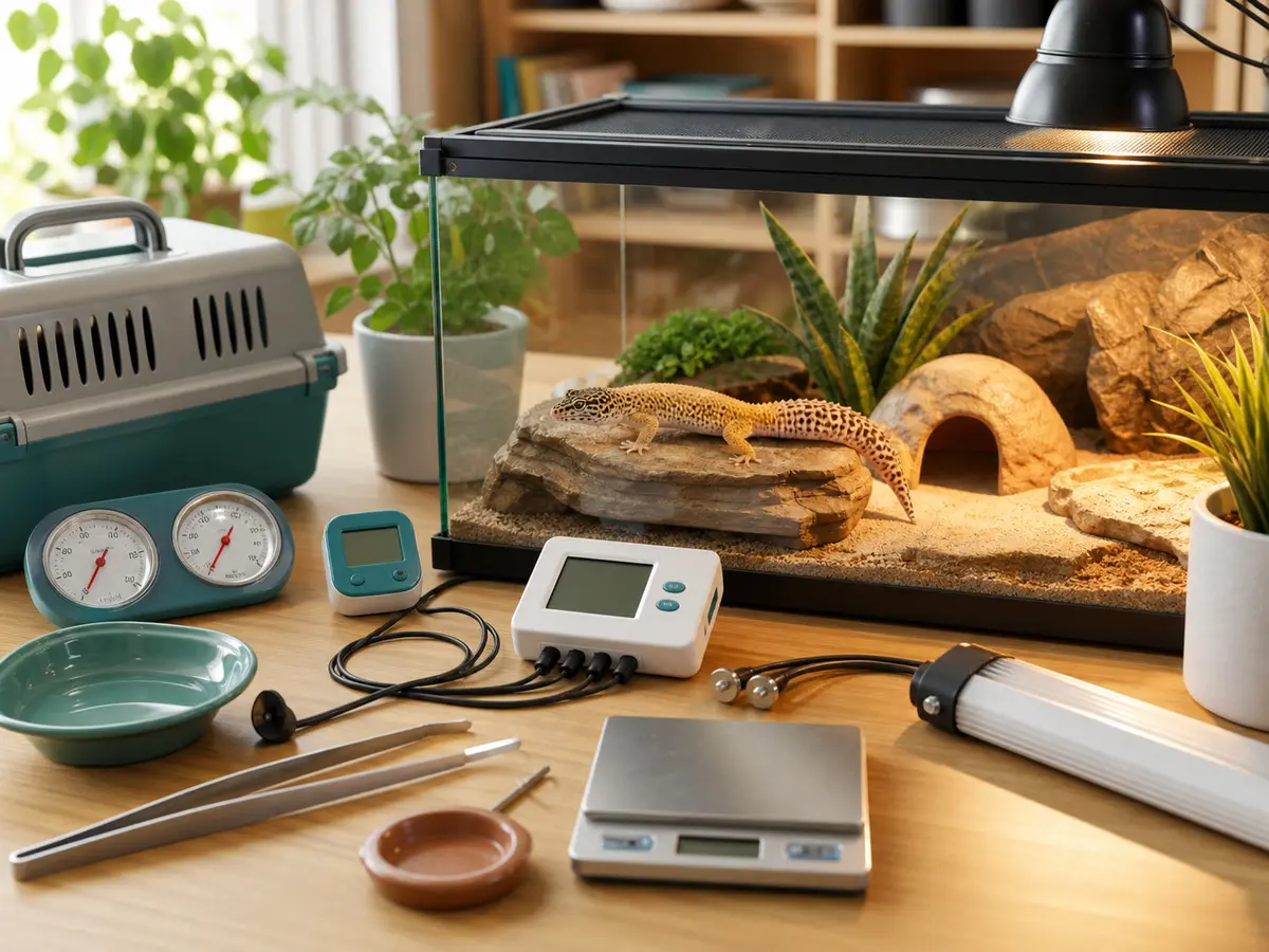 Organized reptile selection planning setup with measured habitat tools and a secure enclosure.