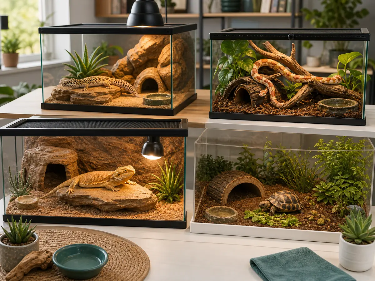 Separate reptile habitat examples showing different species care routines before adoption.