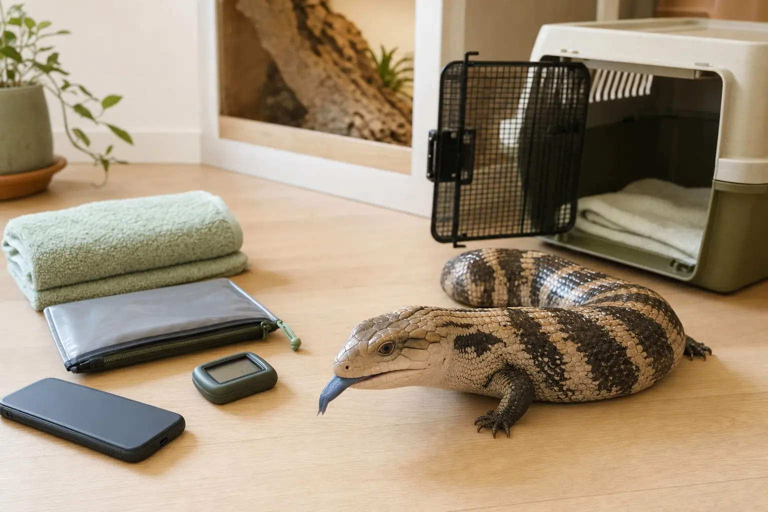 Healthy adult eastern blue-tongued skink beside a secure carrier, folded towel, digital thermometer, phone, and waterproof records pouch.