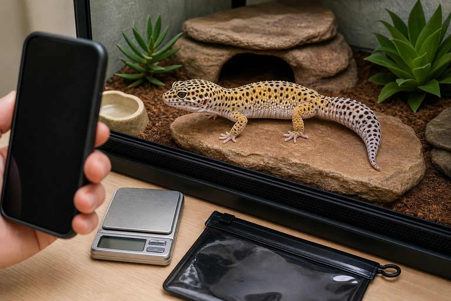 Healthy adult leopard gecko being photographed in its habitat beside a gram scale and waterproof records pouch.