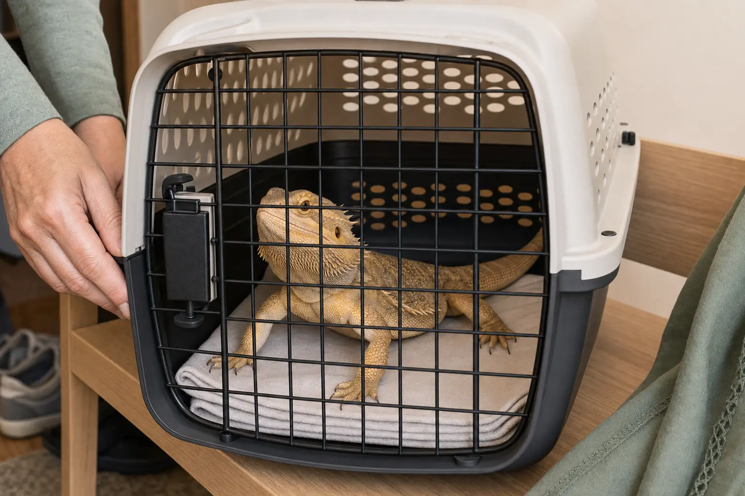 Healthy adult bearded dragon inside a closed, ventilated hard-sided carrier lined with a soft towel.