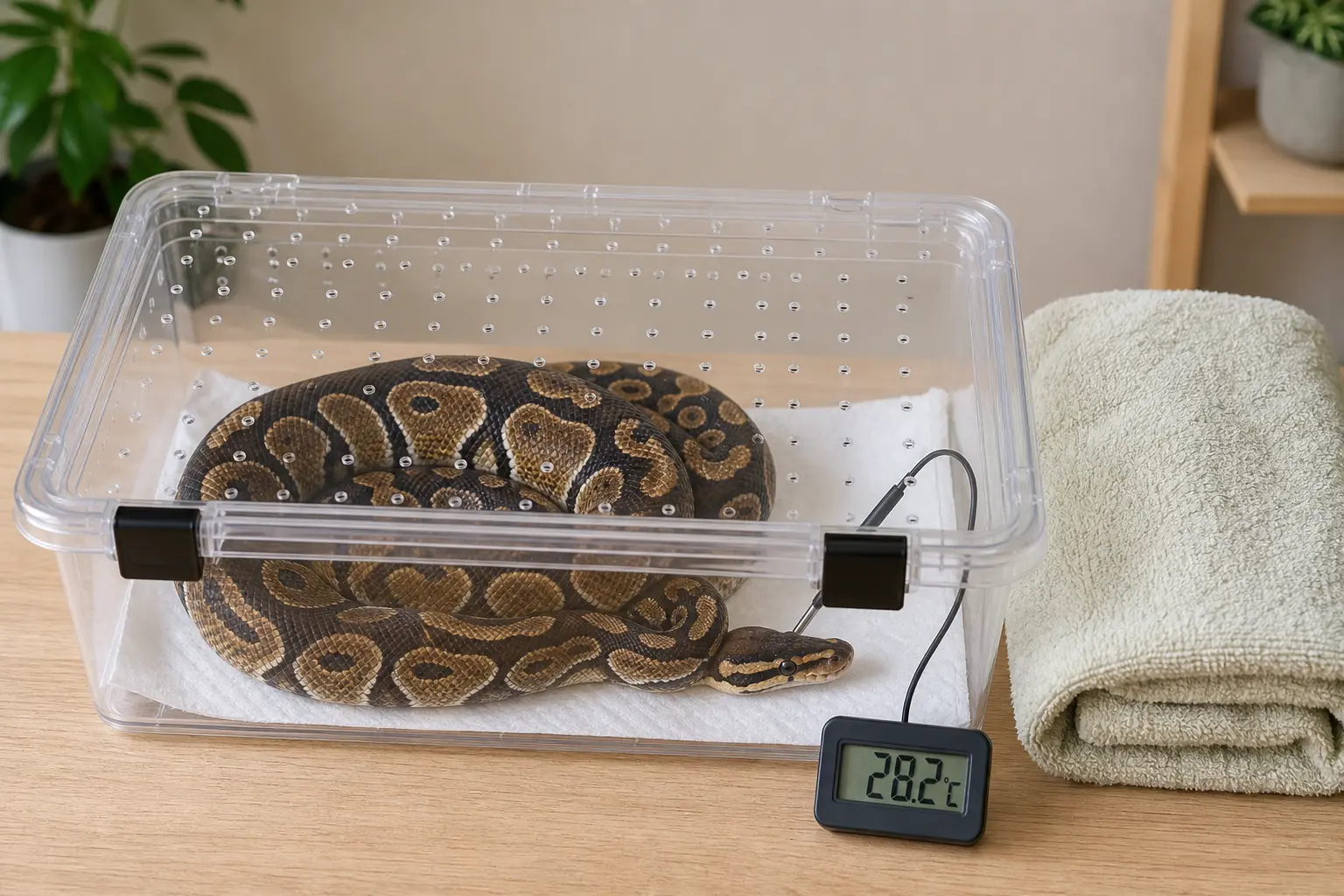 Healthy adult ball python in a closed ventilated carrier with a thermometer and wrapped warmth outside one end.