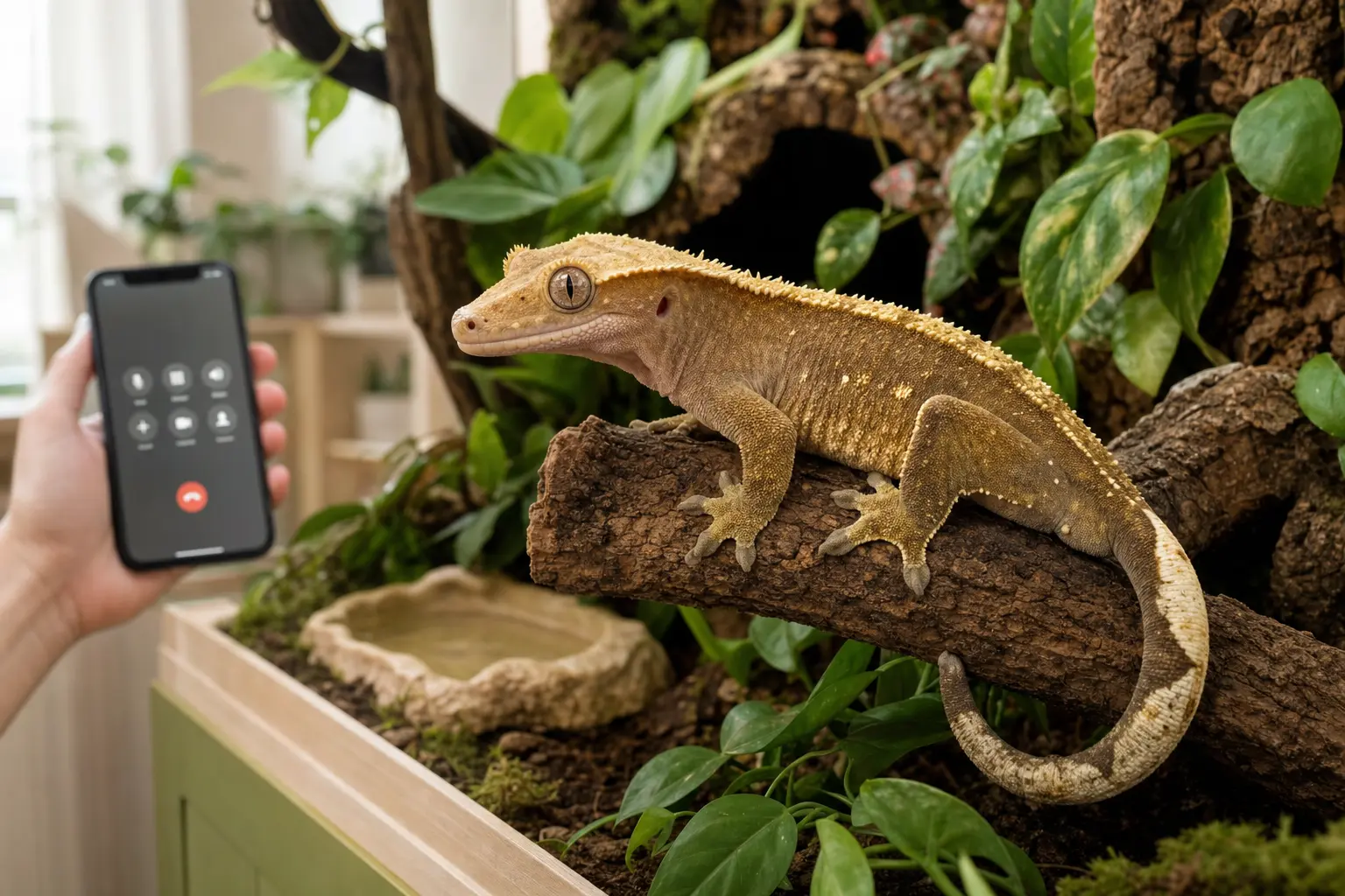 Healthy adult crested gecko in a planted habitat while a keeper calls a reptile veterinarian nearby.