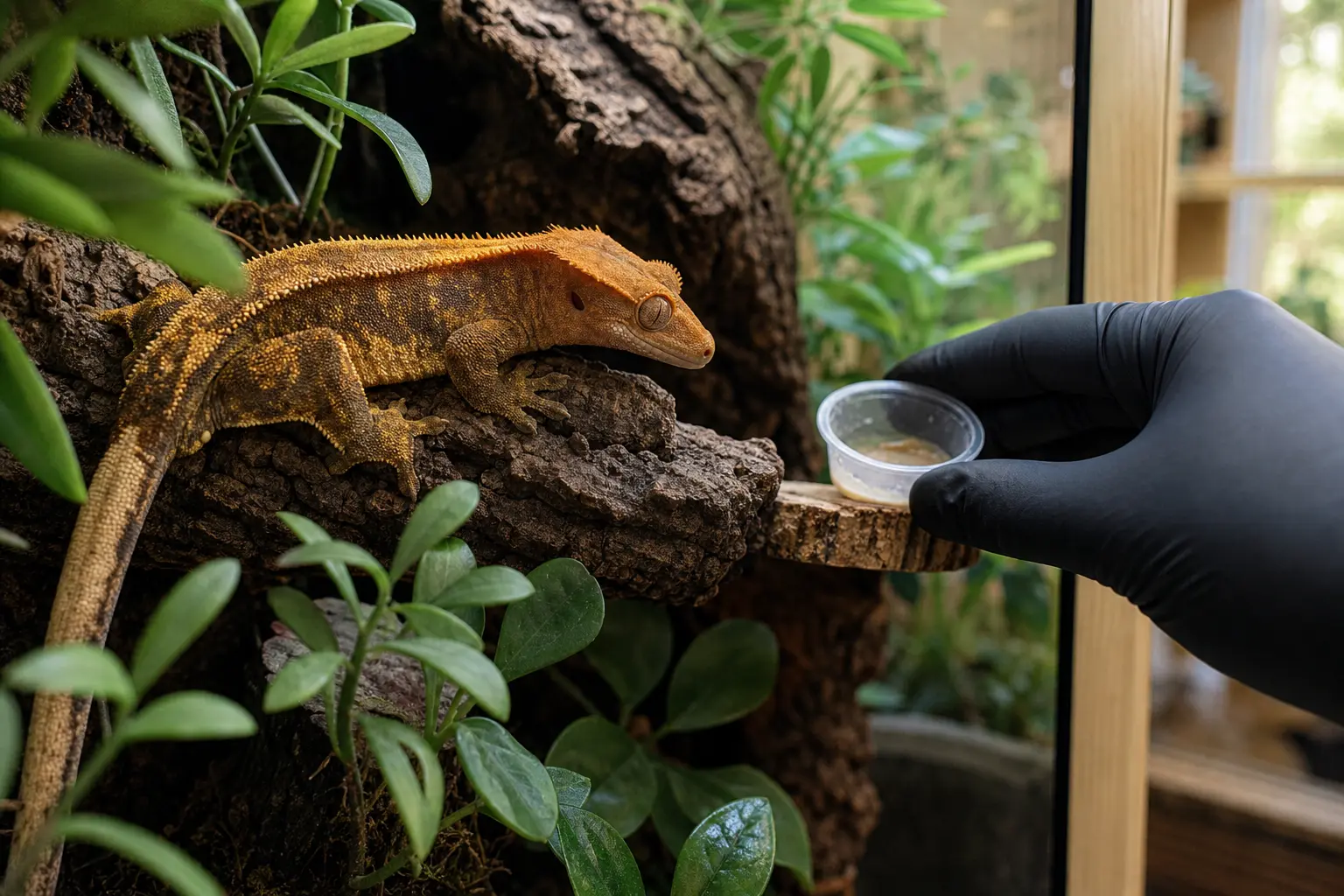 Healthy adult crested gecko watching as its keeper removes a used feeding cup from the habitat.