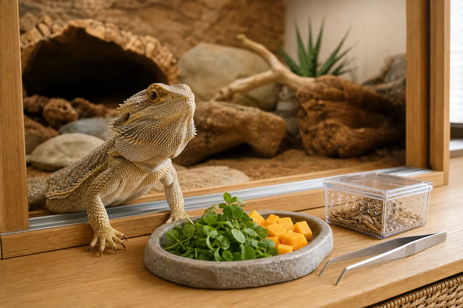 Healthy adult bearded dragon beside a clean dish of greens, a closed feeder-insect container, and feeding tongs.