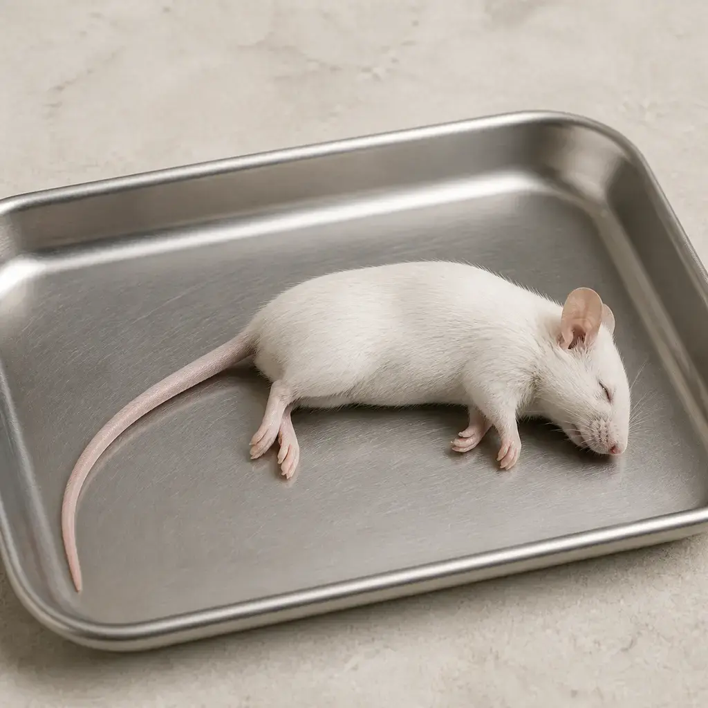 Plain adult mice on a clean unbranded surface for a reptile food-safety check.