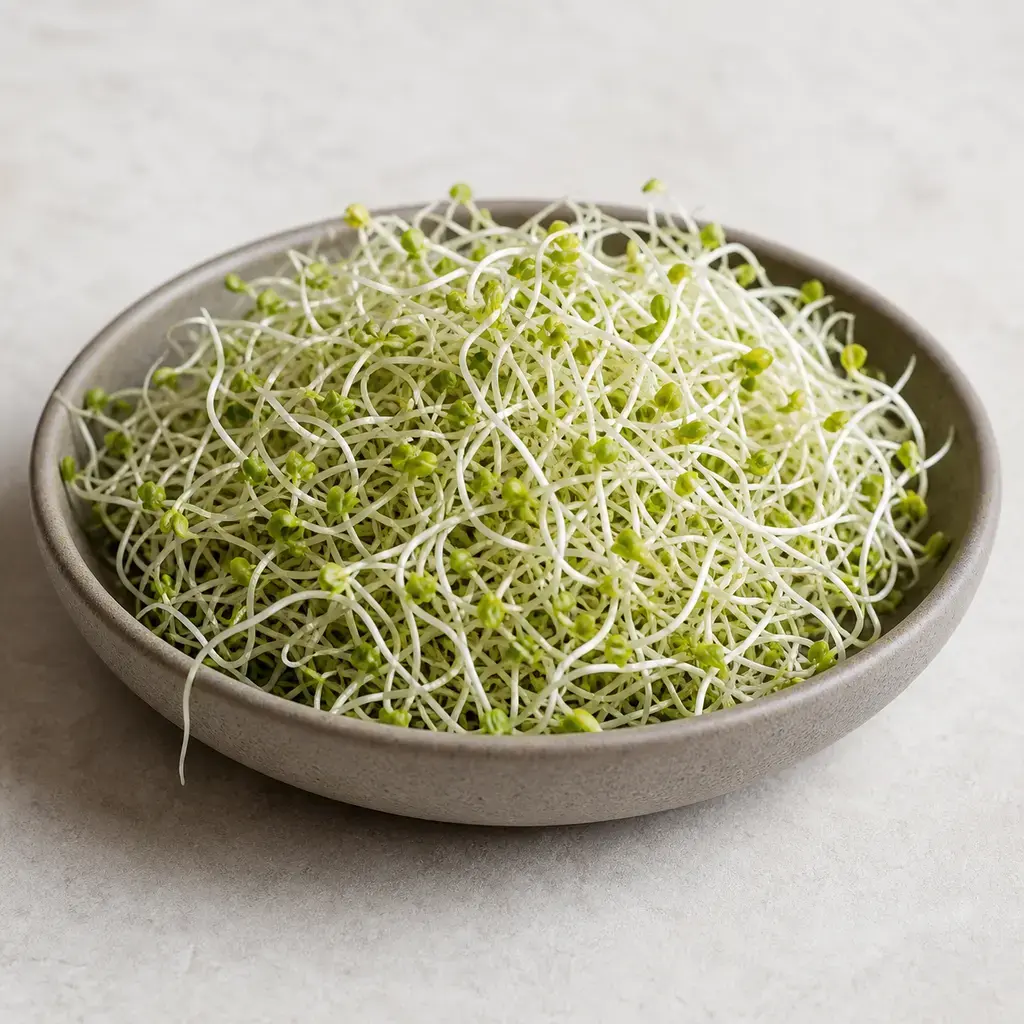 Plain alfalfa sprouts on a clean unbranded surface for a reptile food-safety check.