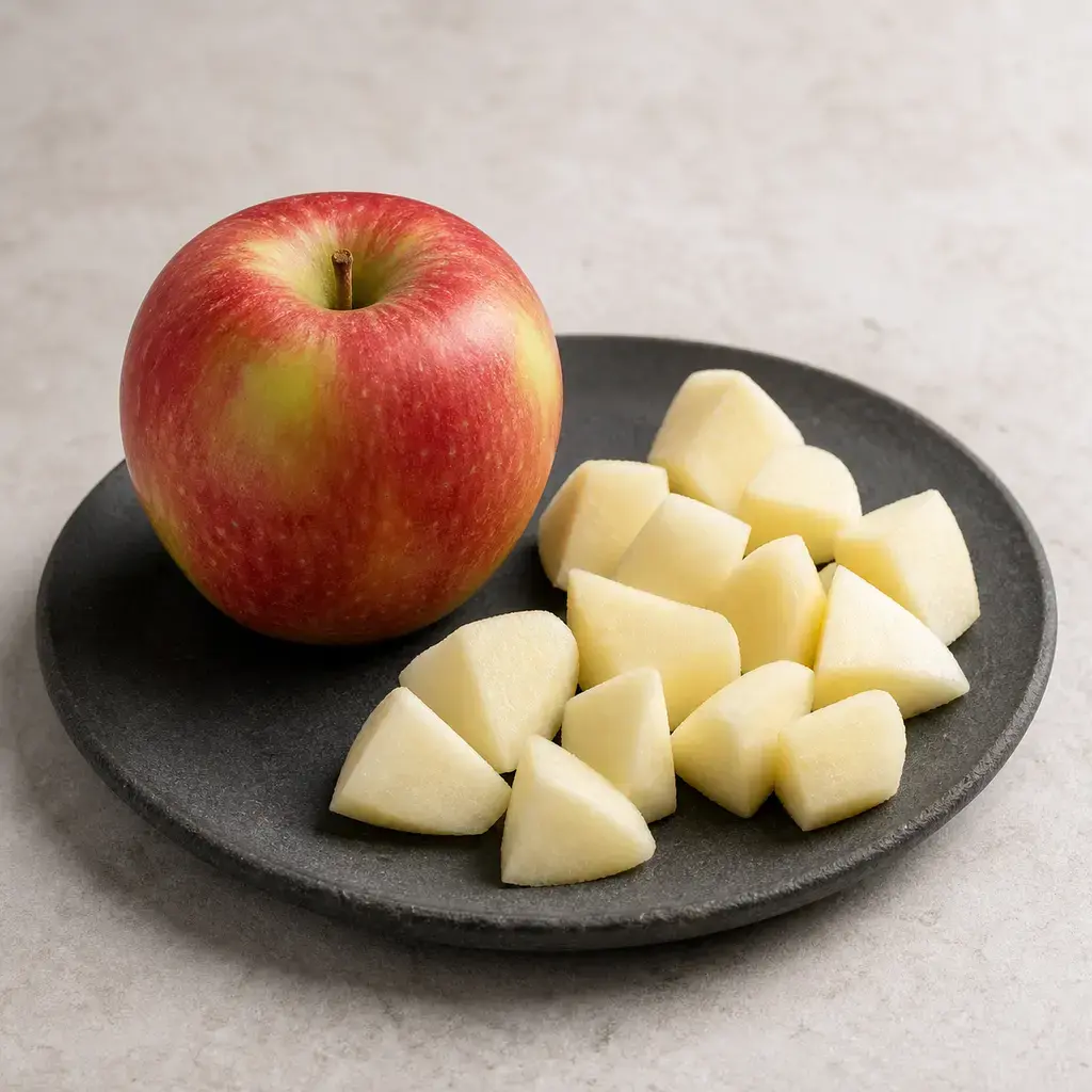 Plain apple on a clean unbranded surface for a reptile food-safety check.