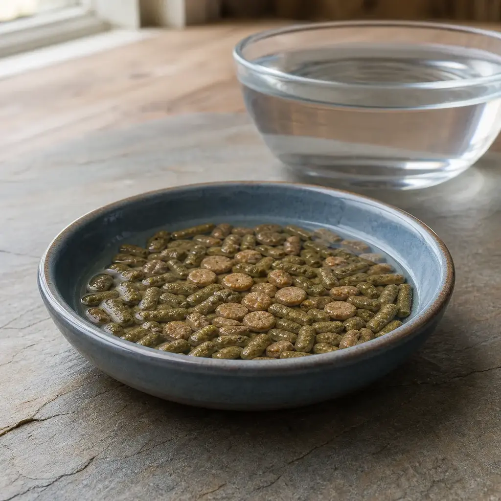 Aquatic turtle diet pellets in a measured feeding scoop beside a water-safe dish.