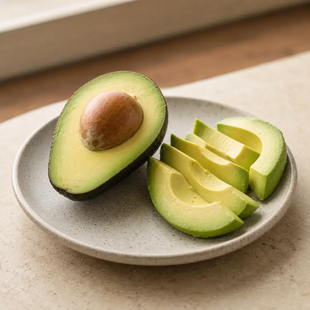 Plain avocado on a clean unbranded surface for a reptile food-safety check.