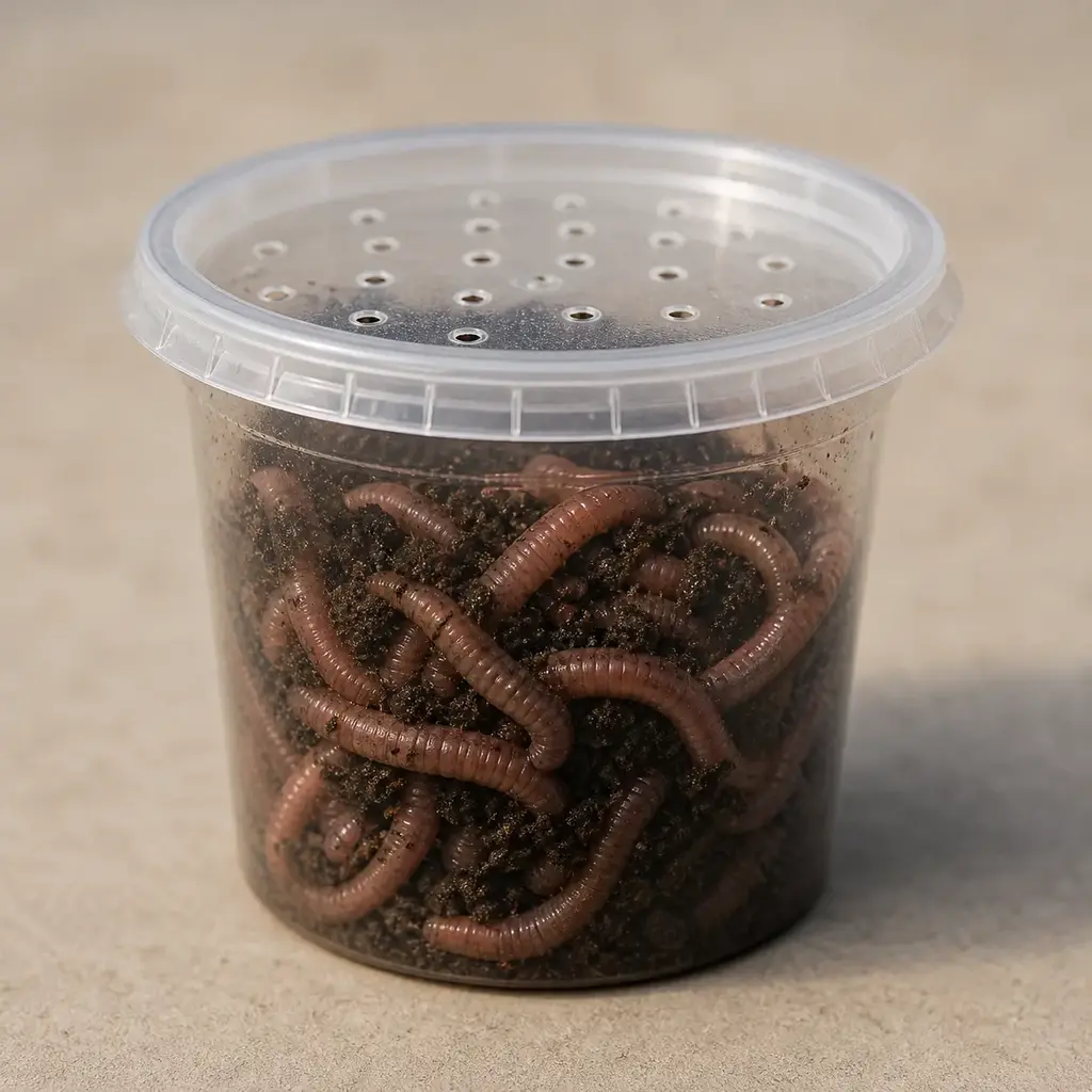 Plain bait shop worms on a clean unbranded surface for a reptile food-safety check.