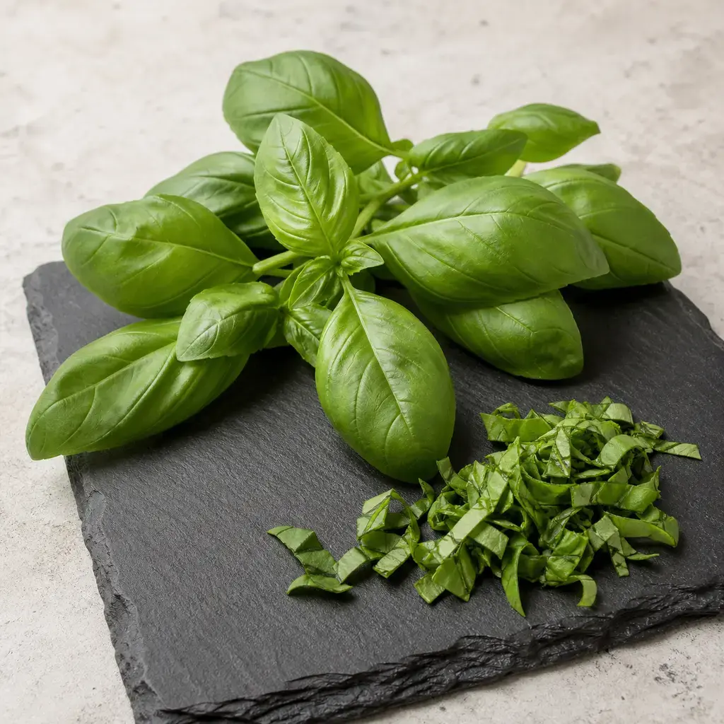 Plain basil on a clean unbranded surface for a reptile food-safety check.