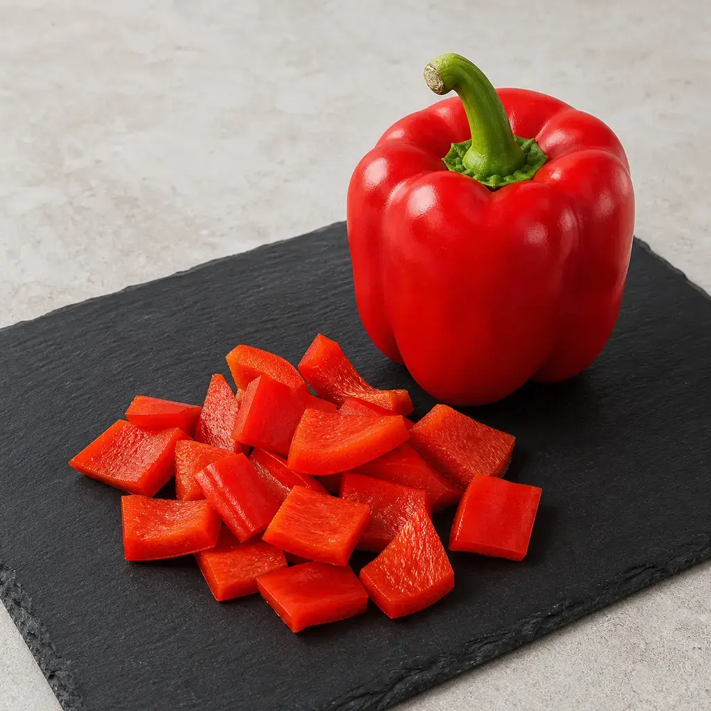 Plain bell pepper on a clean unbranded surface for a reptile food-safety check.