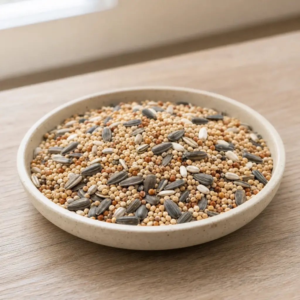 Plain bird seed on a clean unbranded surface for a reptile food-safety check.