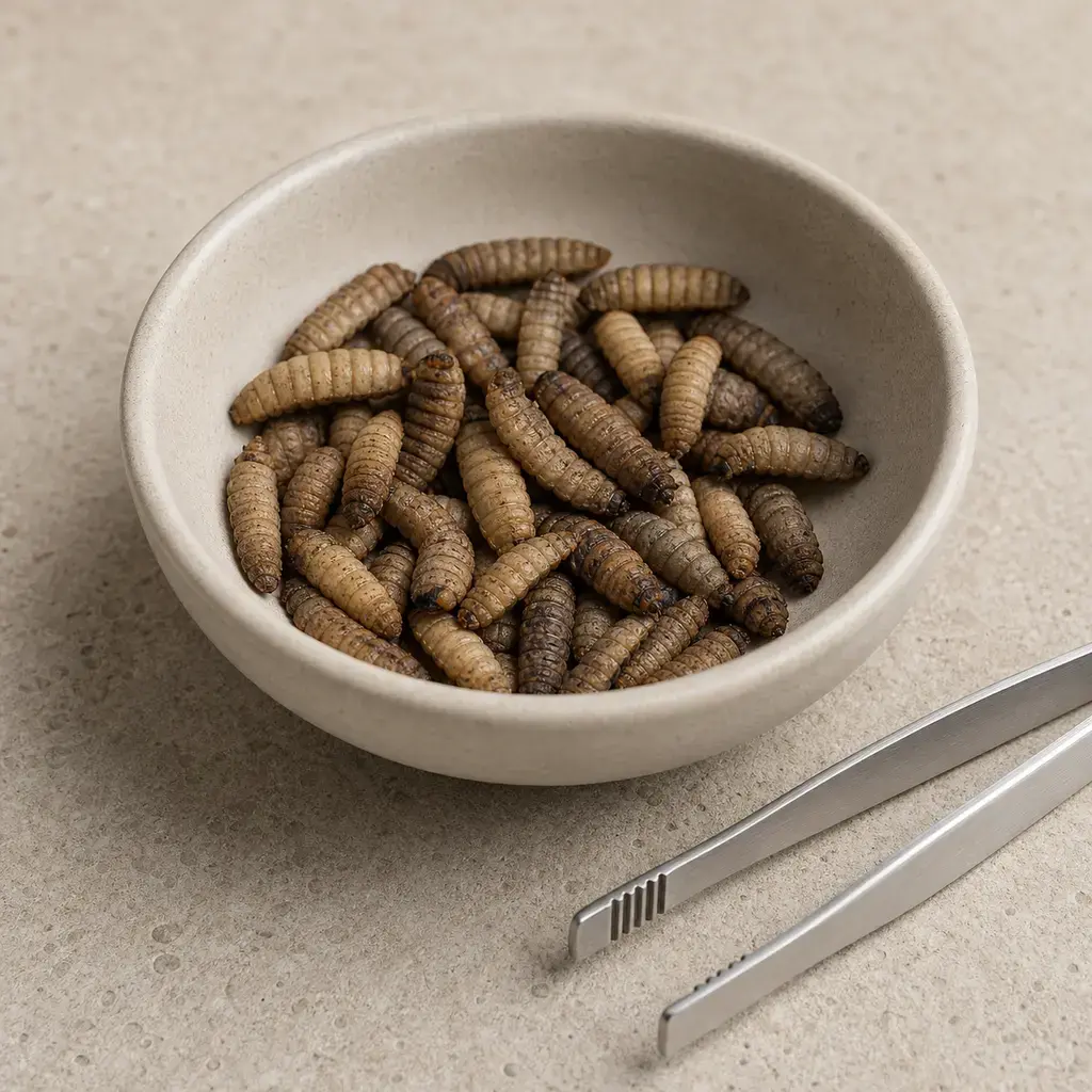 Plain black soldier fly larvae on a clean unbranded surface for a reptile food-safety check.