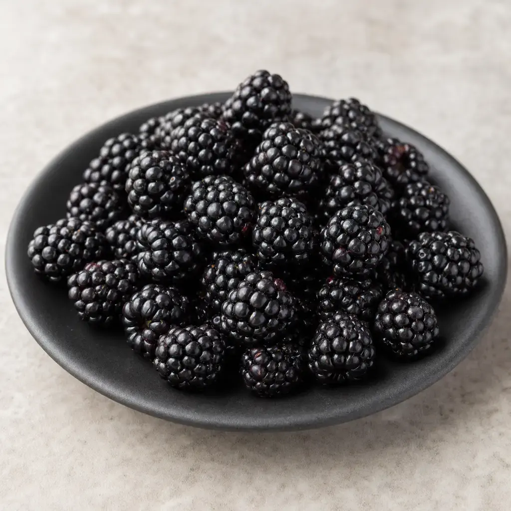 Plain blackberries on a clean unbranded surface for a reptile food-safety check.