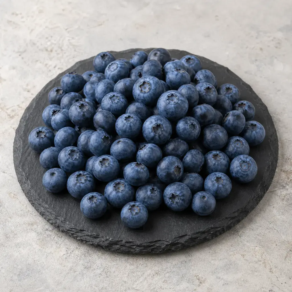 Plain blueberries on a clean unbranded surface for a reptile food-safety check.