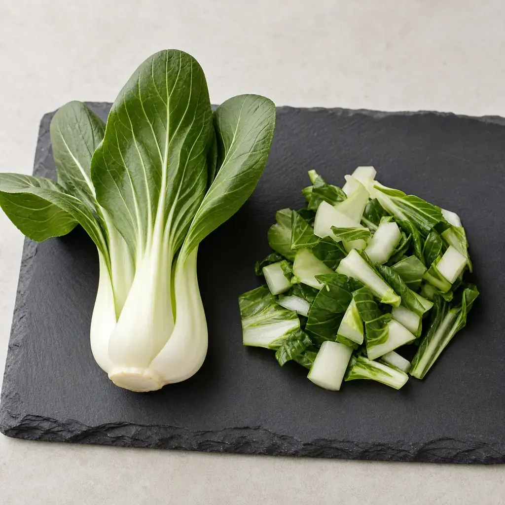 Plain bok choy on a clean unbranded surface for a reptile food-safety check.