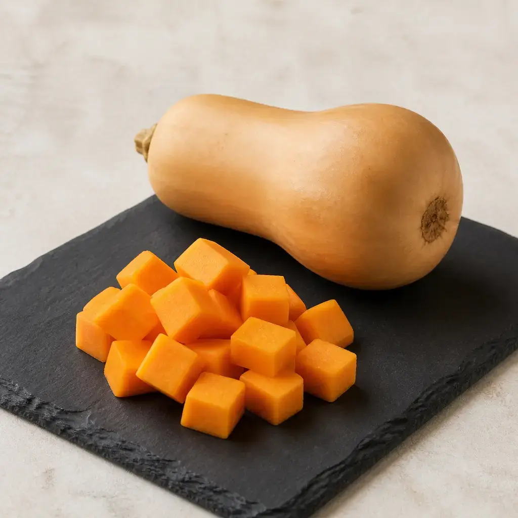 Plain butternut squash on a clean unbranded surface for a reptile food-safety check.