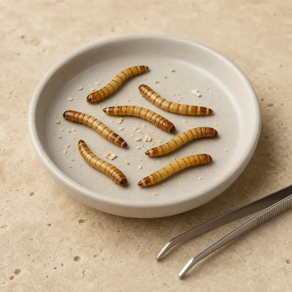 Plain butterworms on a clean unbranded surface for a reptile food-safety check.