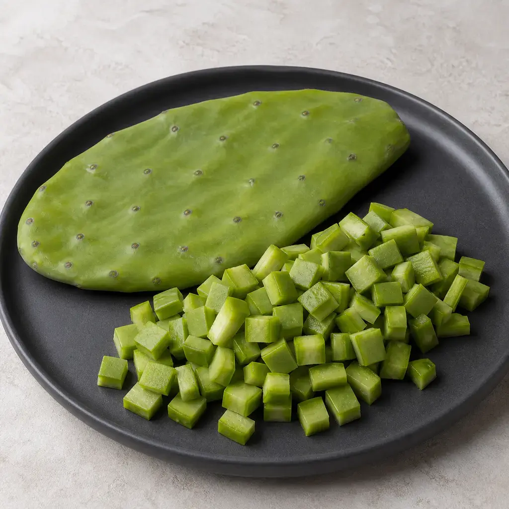 Plain cactus pads on a clean unbranded surface for a reptile food-safety check.