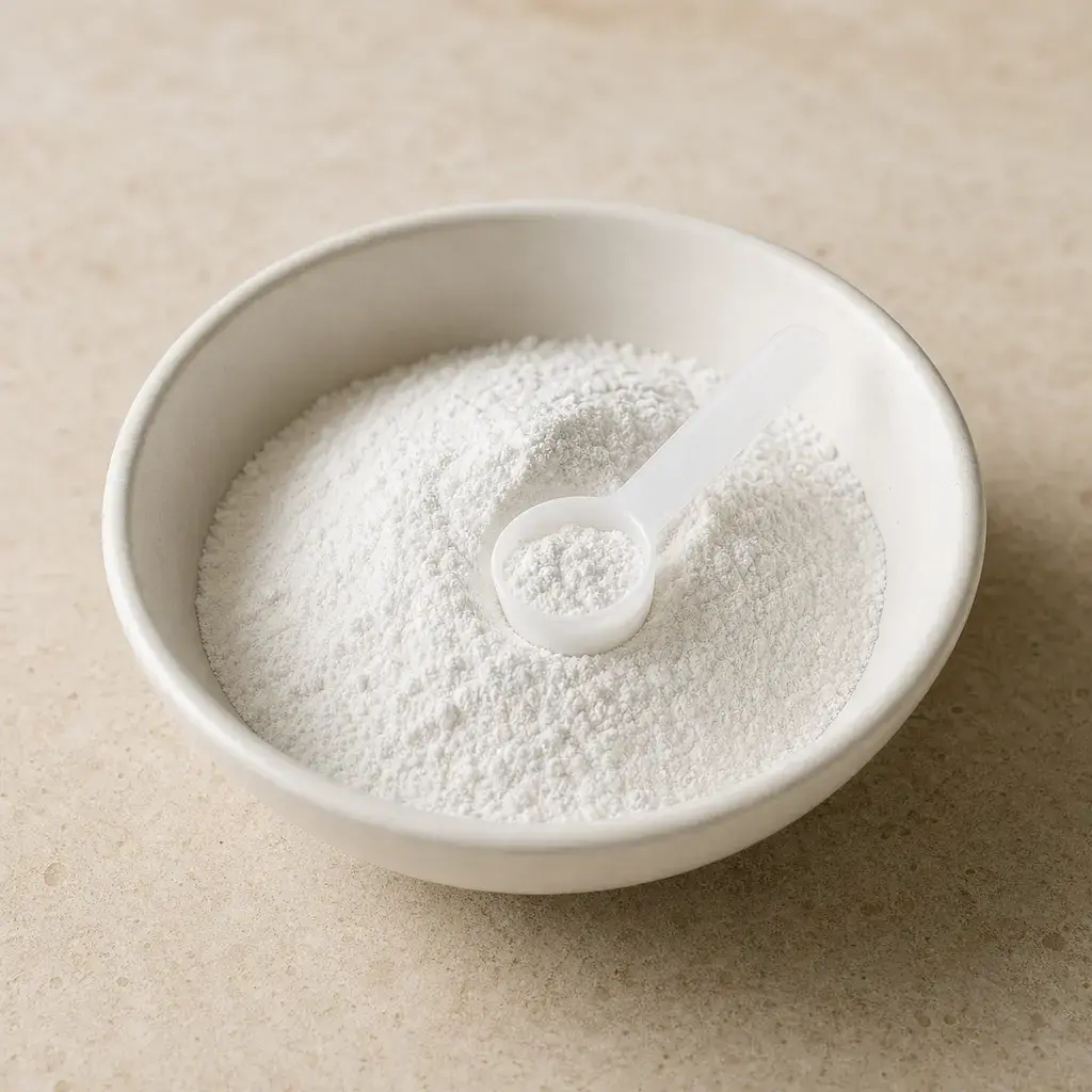 Plain reptile calcium powder in a small open supplement container with scoop.