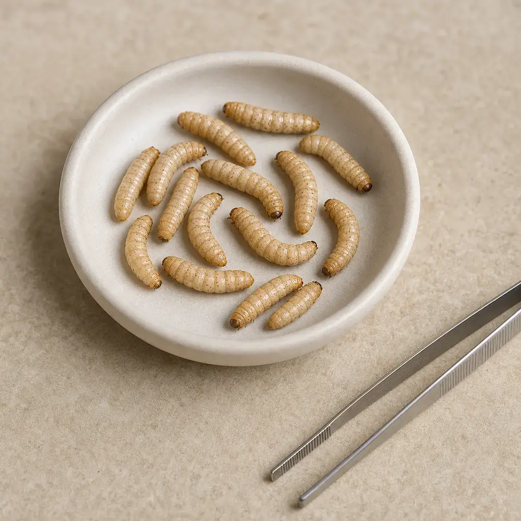 Plain calciworms on a clean unbranded surface for a reptile food-safety check.