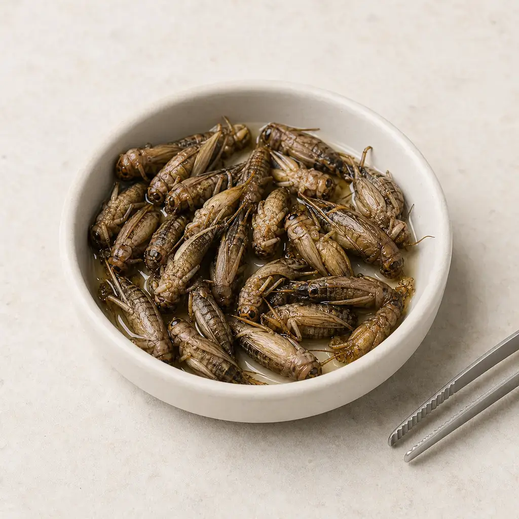 Plain canned insects on a clean unbranded surface for a reptile food-safety check.