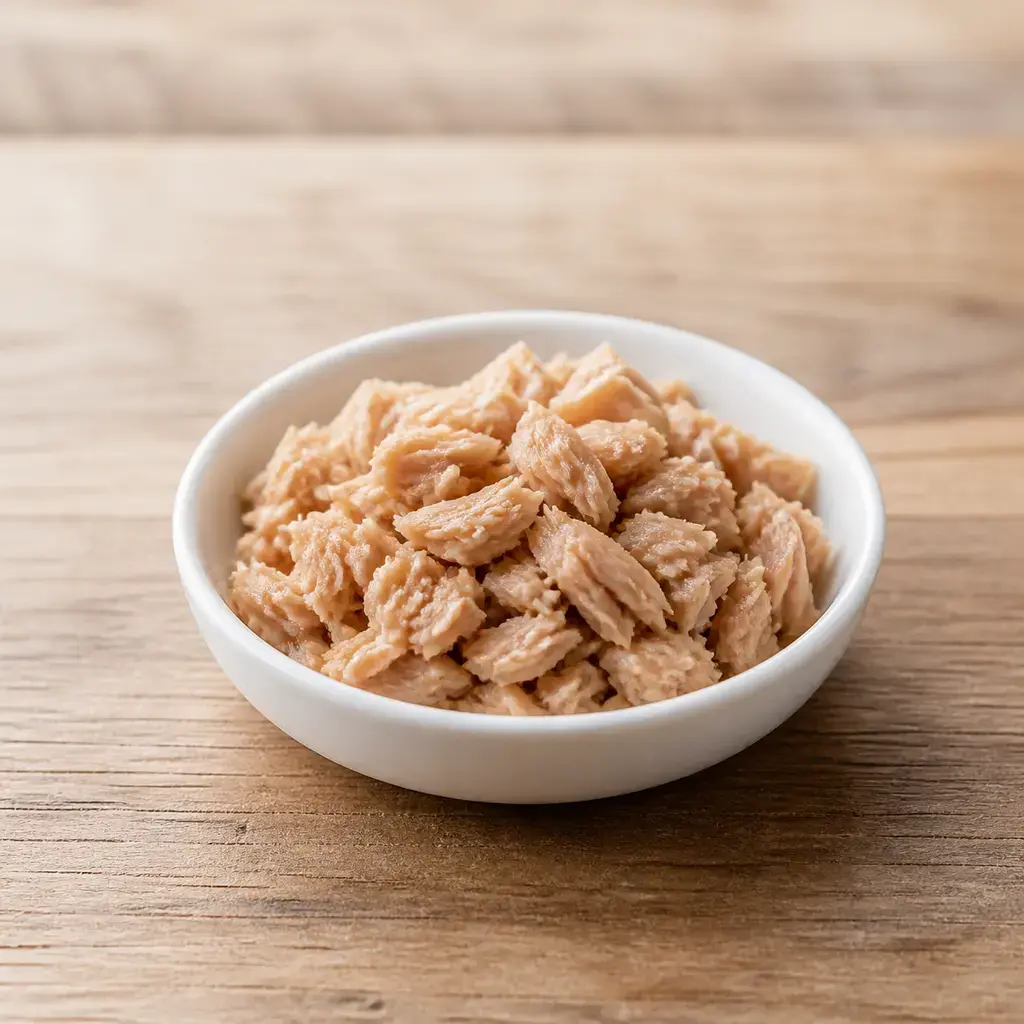 Plain canned tuna on a clean unbranded surface for a reptile food-safety check.