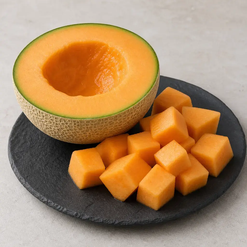 Plain cantaloupe on a clean unbranded surface for a reptile food-safety check.