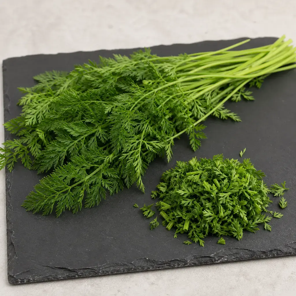 Plain carrot tops on a clean unbranded surface for a reptile food-safety check.