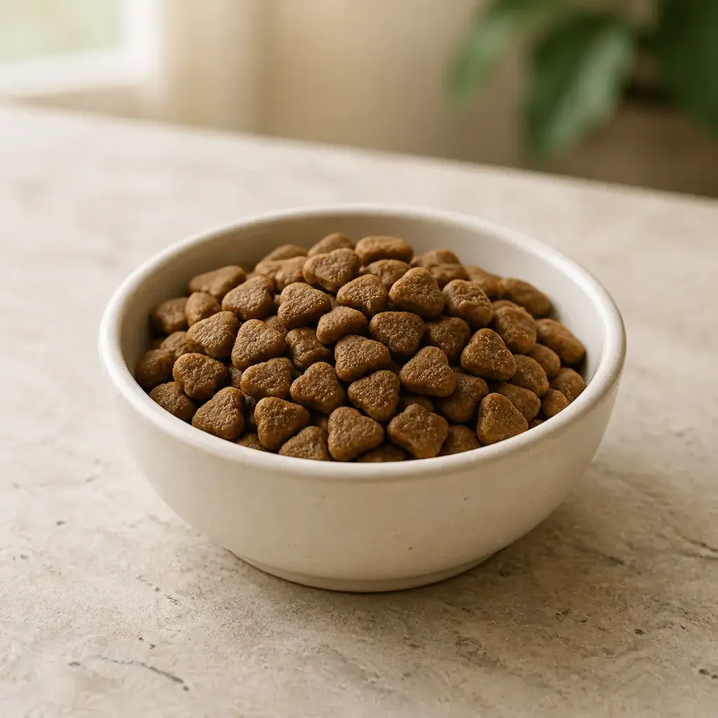 Plain cat food on a clean unbranded surface for a reptile food-safety check.